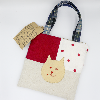 ポーチバッグ　ぶさかわねこ　アカ　｜　生活選手　手作り　１点もの