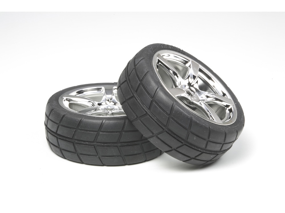 タミヤ】OP.955 メッキ5本スポークホイール 接着済みラジアルタイヤ2本