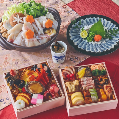 ふぐセット付　★限定５０個　和洋二段重おせち『雅』みやび　冷凍　年越しそば（４人前）付き　　送料込み　１２月25日～30日着限定