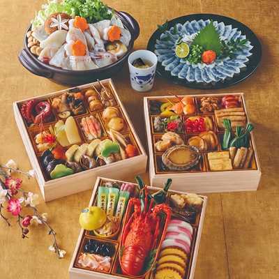 ふぐセット付　★限定５０個　豪華三段重おせち『華』はな　冷凍　年越しそば（４人前）付き送料込：１２月25～30日着限定