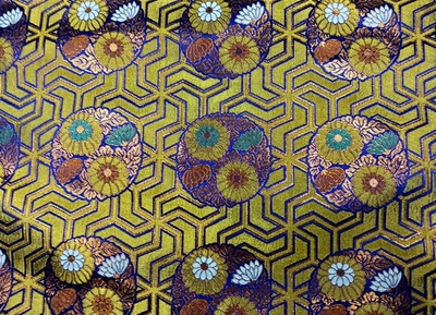 金襴　六釜昆沙門花丸　金茶洞　紺　(70cm巾&times;１２m単位)　納期二週間