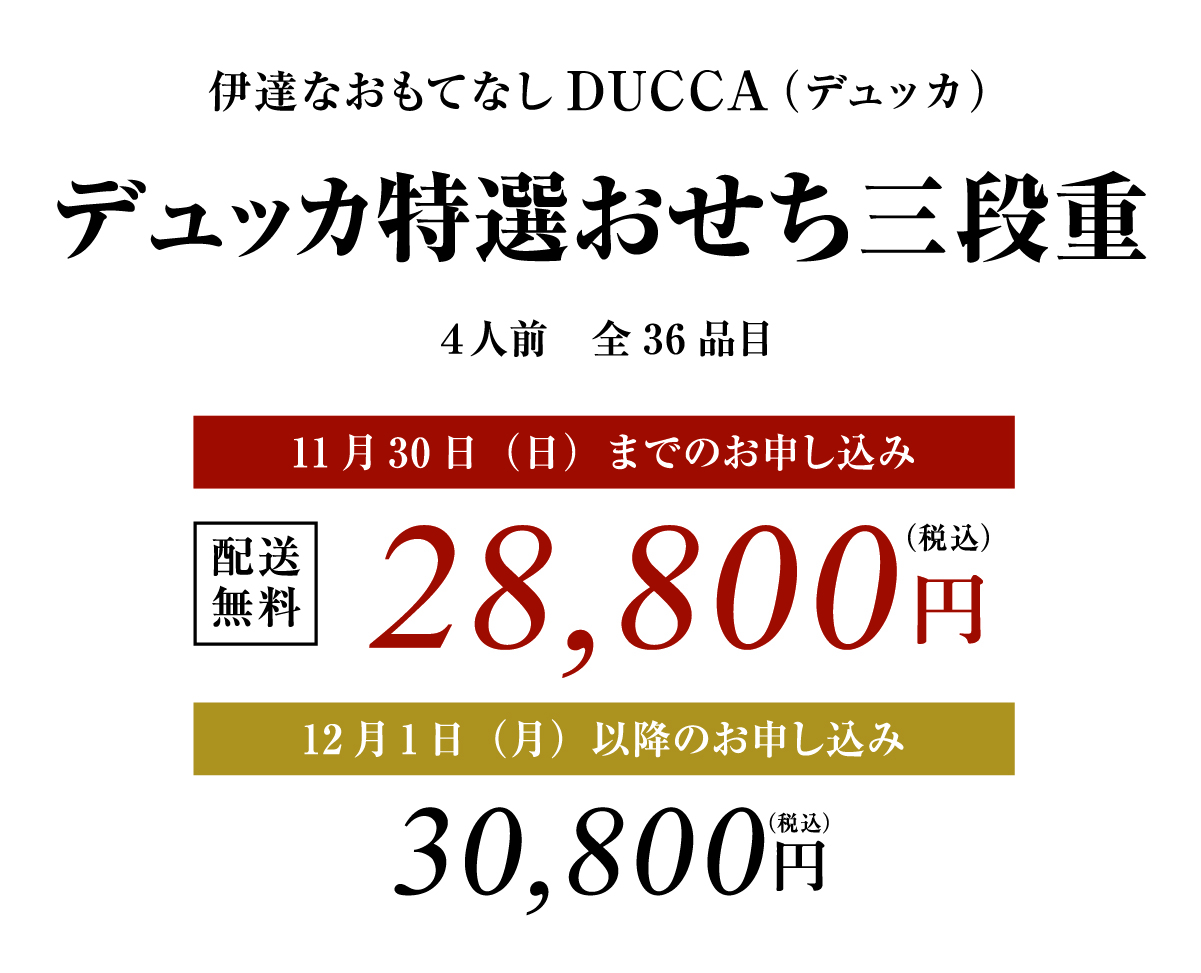 デュッカ特選おせち三段重 早割価格 税込30,800円 配送無料