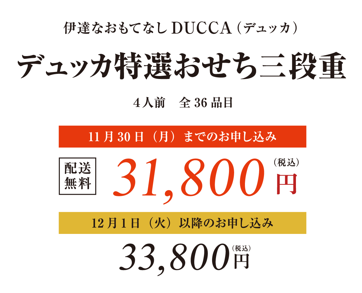 デュッカ特選おせち三段重 早割価格 税込31,800円 配送無料