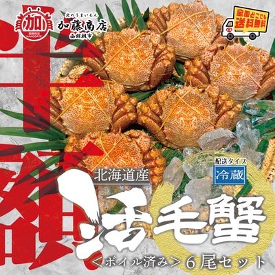 北海道産 活毛蟹 ボイル済み 6尾セット(1尾 約300g)【全国送料無料】＜冷蔵＞ 新鮮な活毛ガニ 店内釜茹で 甘味が強い 濃厚な蟹味噌 かにみそ