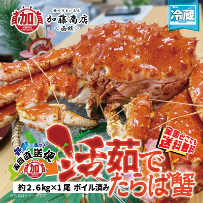 函館直送便!! 活茹でたらば蟹 姿1尾 約2.6kg【全国送料無料(着日指定不可・直送便以外の同梱不可)】＜冷蔵＞ 北海道から直送 鮮度抜群 冷蔵 たらば蟹 タバラ蟹 タラバガ二