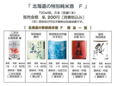 「北海道の特別純米酒 Ｆ」　日高彗星 縁〔二世古酒造〕、奥尻〔小林酒造〕、みずおと〔国稀酒造〕、五稜 辛口〔函館五稜乃蔵〕、福司〔福司酒造〕セット（720㎖詰）