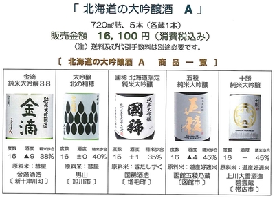 「北海道の大吟醸酒 Ａ」　金滴38〔金滴酒造〕、北の稲穂〔男山〕、國稀〔国稀酒造〕、五稜〔函館五稜乃蔵〕、十勝〔上川大雪酒造 碧雲蔵〕セット（720㎖詰）
