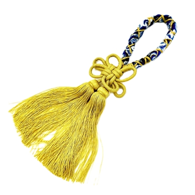 絆オリジナル【金華山組紐ミラータッセル】ゴージャスな菊結びタッセルをベースに、ゴールド紐で金華山を結んだ豪華絢爛なオリジナルタッセル！（新格子ブルー/ゴールド）