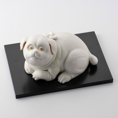 【嘉祥窯】志野釉吹き金銀彩犬置物 台皿付 ＊受注生産