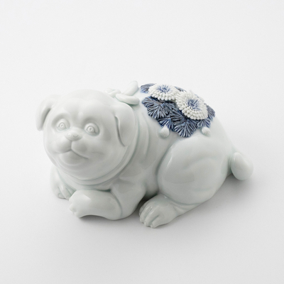 【平戸洸祥団右ヱ門窯】平戸菊花飾染付戌置物（菊二輪） ＊受注生産