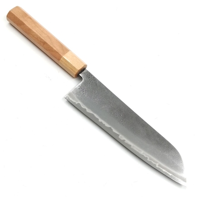 越前数馬　蒼霞　梨地鍛造三徳　青二鋼割込　170mm　ベージュ・山桜八角柄