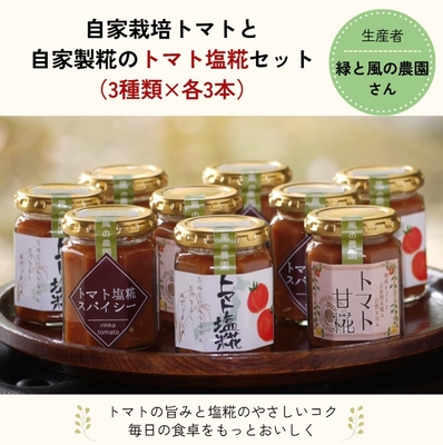 自家栽培トマトと自家製糀のトマト塩麹セット（3種類&times;各3本）万能調味料（生産者：緑と風の農園さん）
