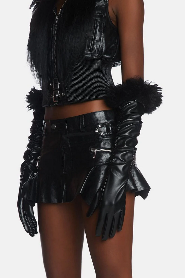 黒 レザー 手袋 チェーン付き ロングフェイクレザー手袋 ボア付 V系グローブ フェイクレザー