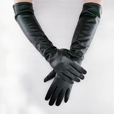 ロングレザーグローブ　シンプル　黒　光沢 合皮手袋　Ｖ系バンド　ゴシックファッション　ユニセックス手袋　ヴィジュアル系　パンクファッション　ビジュアル系　ロック　フェイクレザー手袋　黒手袋