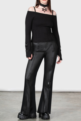 フェイクレザーパンツ　前面ジッパー　フレアパンツ　合皮パンツ　黒　メンズ　キルスター　ストレッチ　ヴィジュアル系　ビジュアル系　Ｖ系　モード系　パンク　ロック　インポート　ＰＵレザー