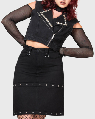 デニムスカート　メタル装飾　黒　メンズ　ユニセックス　スカート男子　ヴィジュアル系　ビジュアル系　Ｖ系　パンク　ロック　インポート　メンズスカート　バンド衣装