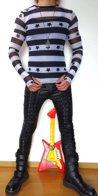 カレントムード　星ストライプ　メッシュカットソー　メッシュT　長袖　メンズ　ユニセックス　ヴィジュアル系　ビジュアル系　Ｖ系　モード系　ゴシック　パンク　ロック　インポート　タイト　ゴシック