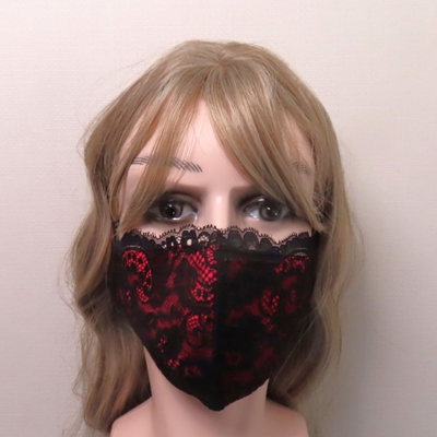 レースマスク　フリル装飾　Ｖ系マスク　黒&times;赤　ゴスマスク　ファッションマスク　ヴィジュアル系メンズ　ユニセックス　ヴィジュアル系　ビジュアル系　ゴシックマスク　パンク　サイバーパンク
