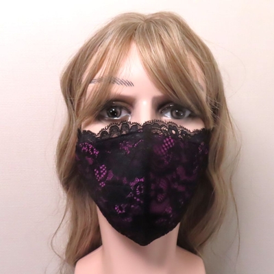 レースマスク　フリル装飾　Ｖ系マスク　黒&times;パープル　ゴスマスク　ファッションマスク　ヴィジュアル系メンズ　ユニセックス　ヴィジュアル系　ビジュアル系　ゴシックマスク　パンク　サイバーパンク