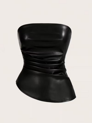 コルセットタンクトップ　チューブトップ　黒　光沢　フェイクレザー　コルセットベルト　メンズコルセット　ユニセックス　ヴィジュアル系　ビジュアル系　ショルダーベスト　ゴシック系　インポート　V系バンド