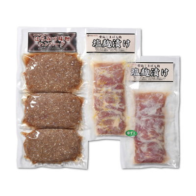 【肉工房みぞた 長崎じげもん豚・雲仙しまばら鶏】はちみつ味噌ハンバーグと鶏塩麹漬け詰合せ