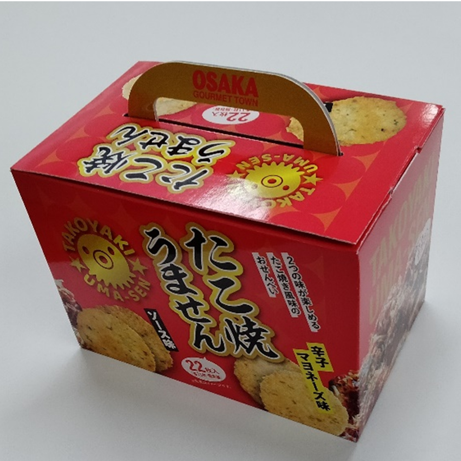 たこ焼き風味のソース味・辛子マヨネーズ味の2種類のせんべいを個包装