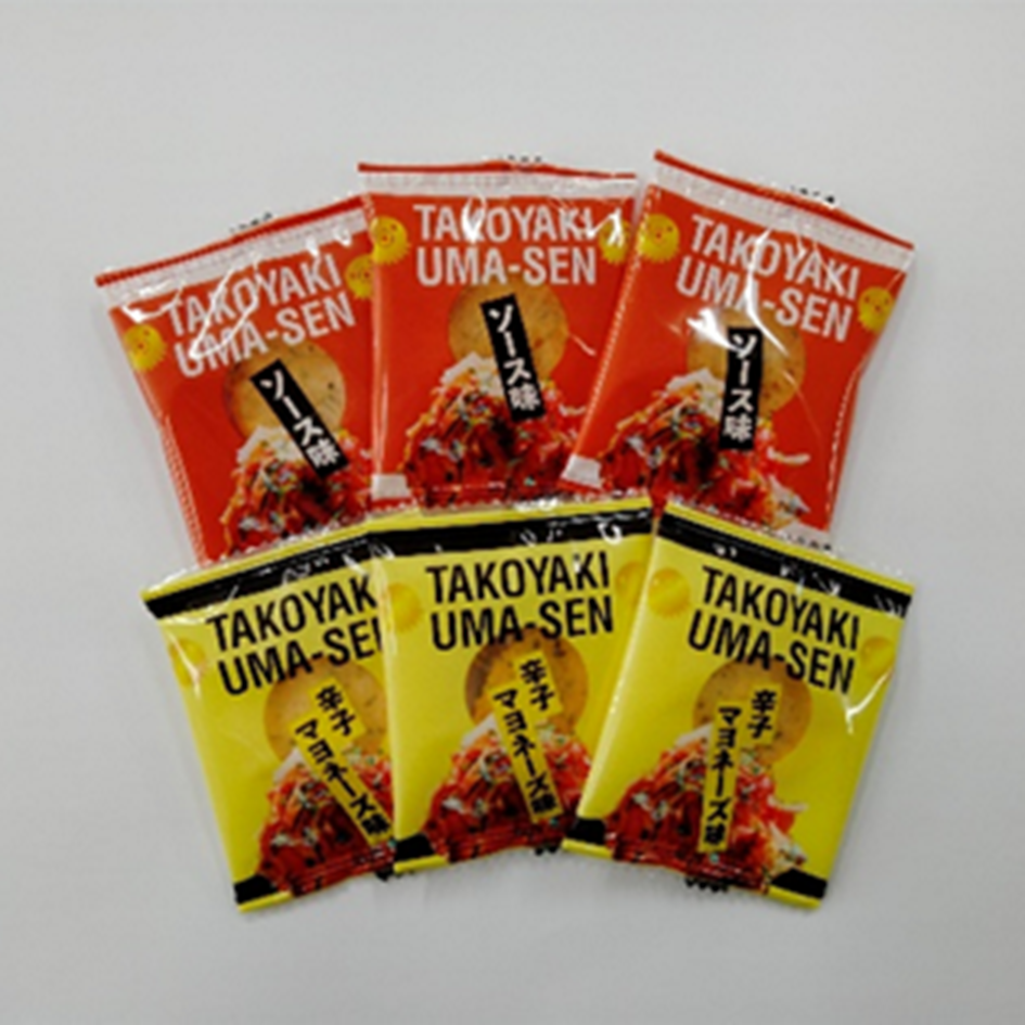 たこ焼き風味のソース味・辛子マヨネーズ味の2種類のせんべいを個包装