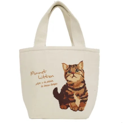 【ねこ雑貨 バッグ】保冷保温ランチバッグ　猫が可愛いポケット付ミニバッグ　帆布ミニトート　ミヌエット