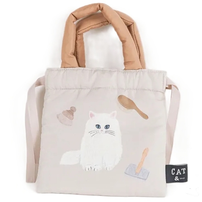 【ねこ雑貨 バッグ】ミニポーチ　CAT& そで山かほ子 クッション巾着ミニバッグ　ポーチ　ベージュ