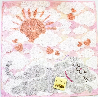 【ねこハンカチ】タオルハンカチ　GUGUWORLD 太陽とねこ　ピンク　猫柄 ミニタオル