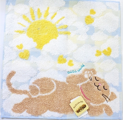 【ねこハンカチ】タオルハンカチ　GUGUWORLD 太陽とねこ　ブルー　猫柄 ミニタオル