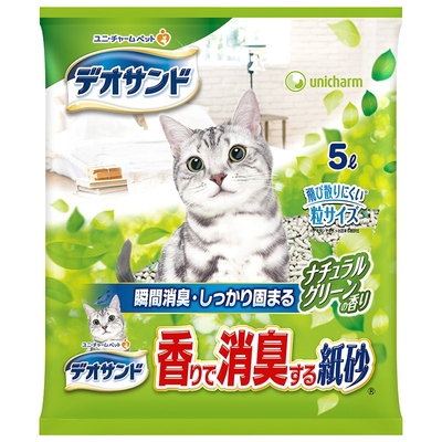 ●【猫のトイレ用品】 猫用品 固まる猫砂 紙のネコ砂　デオサンド　香りで消臭する紙砂　ナチュラルグリーンの香り 5L