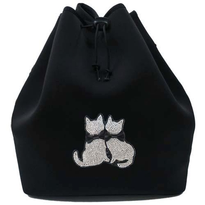 【ねこ雑貨 バッグ】キラキラバッグ　リュックサック　ネオプレーン2WAYバッグ　ラインストーン２匹ネコ　ブラック