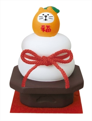 【ねこ雑貨 和雑貨】置物　お正月飾り物　迎春招き猫　陶器の干支飾り 福猫鏡餅　インテリア小物