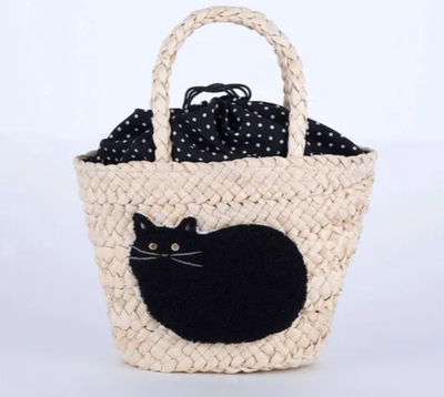 【ねこ雑貨 バッグ】ハンドバッグ　ファーリーカゴバッグ　黒猫　水玉ブラック
