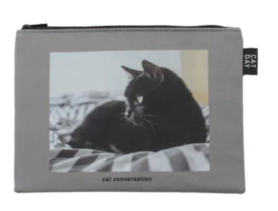 【ねこポーチ】シンプルポーチ　CATDAY フラットポーチ　黒猫　グレー