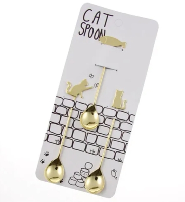 【ねこ雑貨 食器】洋食器 カトラリー　ネコゴールドスプーン ３本セット　金色の猫型スプーン＆お魚型スプーン