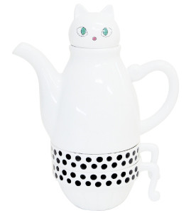 【ねこ雑貨 食器】洋食器　ネコティーフォーツー ティーポット&カップ　２人用ティーセット　茶こし付ティーポット＆カップ　白猫