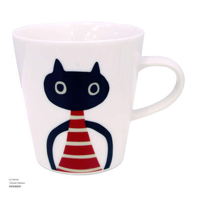 【ねこ雑貨 食器】マグカップ　マタノアツコ　黒猫 MEME マグ　ボーダー柄 レッド