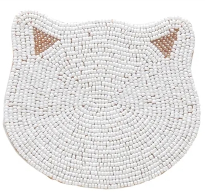 【ねこ雑貨 キッチン用品】コースター　ビーズコースター キャット　ホワイト　白猫のお顔
