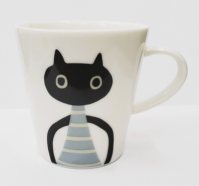 【ねこ雑貨 食器】マグカップ　マタノアツコ　黒猫 MEME マグ　ボーダー柄 ブルー
