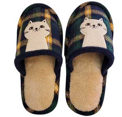 【ねこ雑貨 スリッパ】スリッパ　ねこチェック柄 外縫いスリッパ　猫のアップリケ付き 緑 グリーン