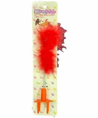 【猫の爪とぎ】猫のおもちゃ　猫じゃらりん　羽根　赤　爪とぎに立てて遊ぶ猫じゃらし