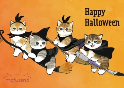 【ねこハガキ】絵はがき　モフサンド　ハロウィンポストカード　Happy Halloween 4匹の魔女猫　オレンジ