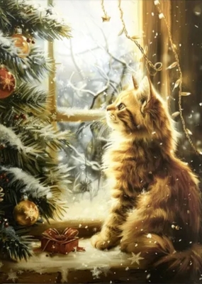 【ねこ雑貨 インテリア用品】インテリアアート　クリスマスツリーと窓辺の猫　アートファインボード 壁飾り