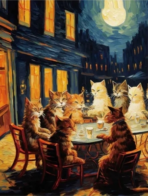 【ねこ雑貨 インテリア用品】インテリアアート　世界の名画の中の猫たち　夜のカフェテラスの猫　アートファインボード　絵画風壁掛アート