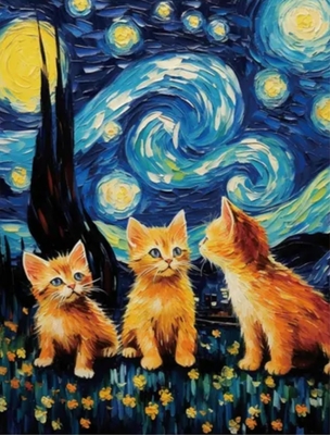 【ねこ雑貨 インテリア用品】インテリアアート　世界の名画の中の猫たち　星月夜猫　アートファインボード　絵画風壁掛アート