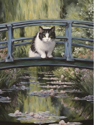 【ねこ雑貨 インテリア用品】インテリアアート　世界の名画の中の猫たち　睡蓮と猫　アートファインボード　絵画風壁掛アート