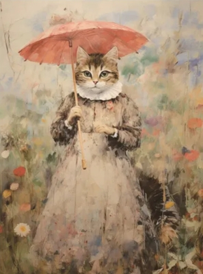 【ねこ雑貨 インテリア用品】インテリアアート　世界の名画の中の猫たち　日傘をさす猫　アートファインボード　絵画風壁掛アート