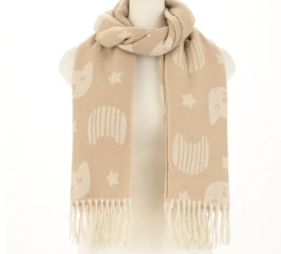 【ねこ雑貨 服飾雑貨】マフラー　ジャガード大判ストール　ポップな猫のお顔柄　秋冬　ベージュ